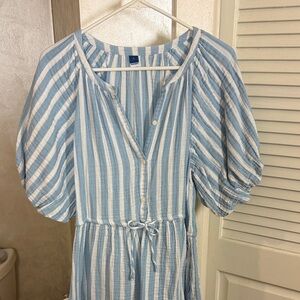Blue and White Striped Puff Sleeve Dress